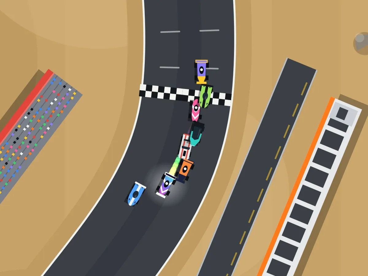 Slipstream Career gameplay: race cars cross a chequered start line between a packed grandstand and the pit garages.