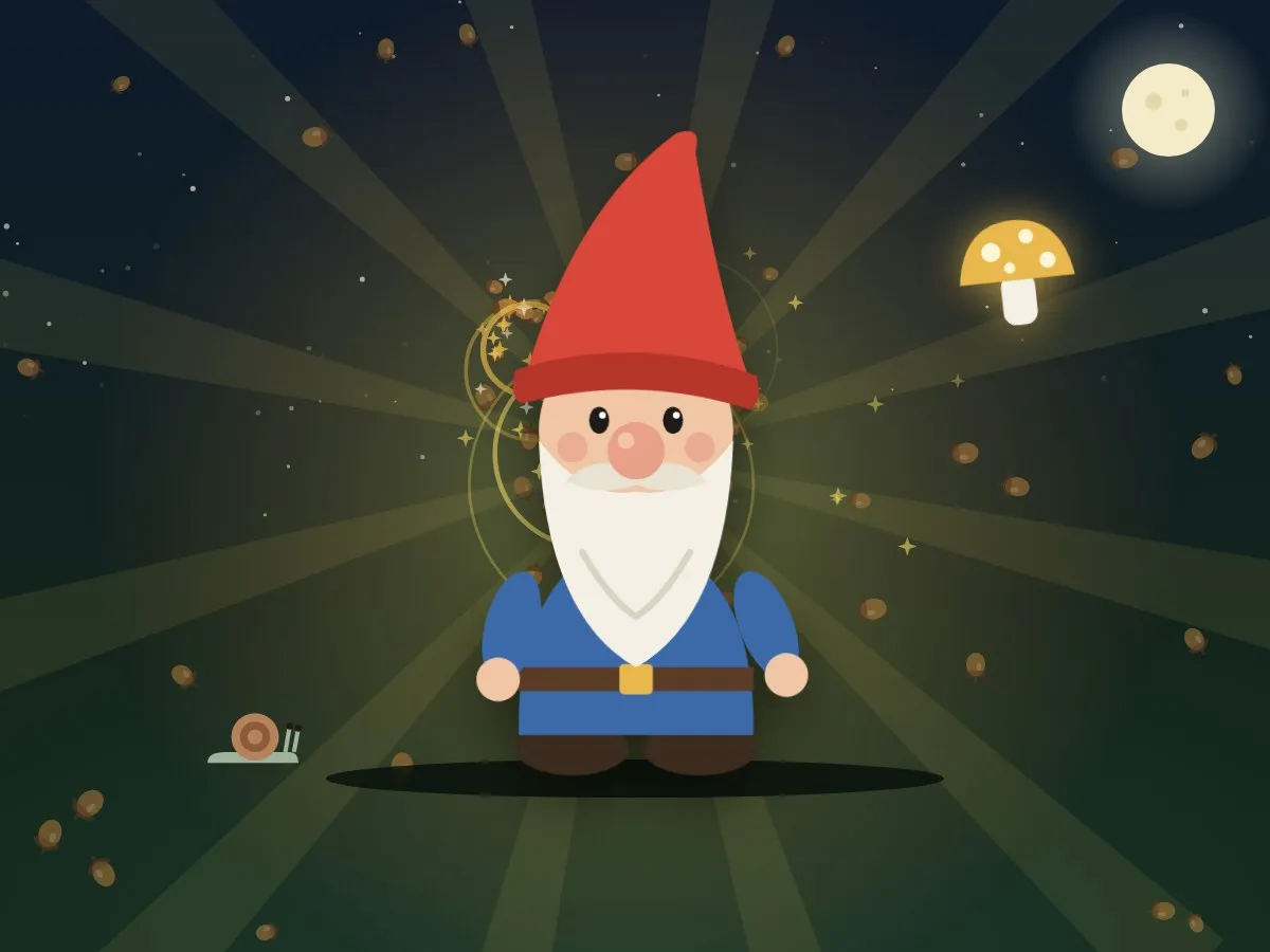Gnome Hollow gameplay: a tapped gnome bursts with golden sparkles under the moon while acorns fall, a snail crawls past and a golden toadstool appears.