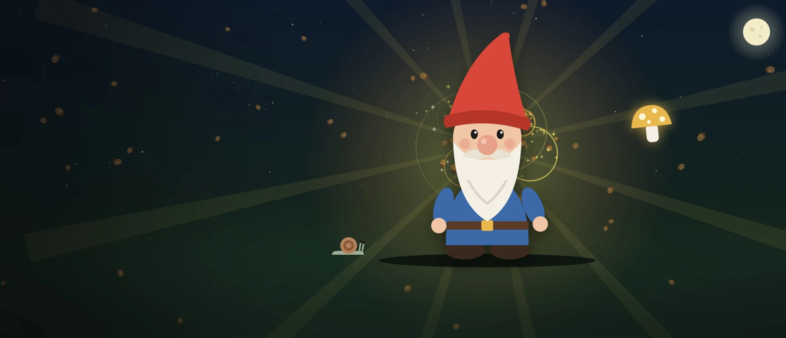 A cheerful garden gnome with a tall red hat and white beard stands in a moonlit clearing, glowing with golden light as acorns rain down and a golden toadstool floats nearby.